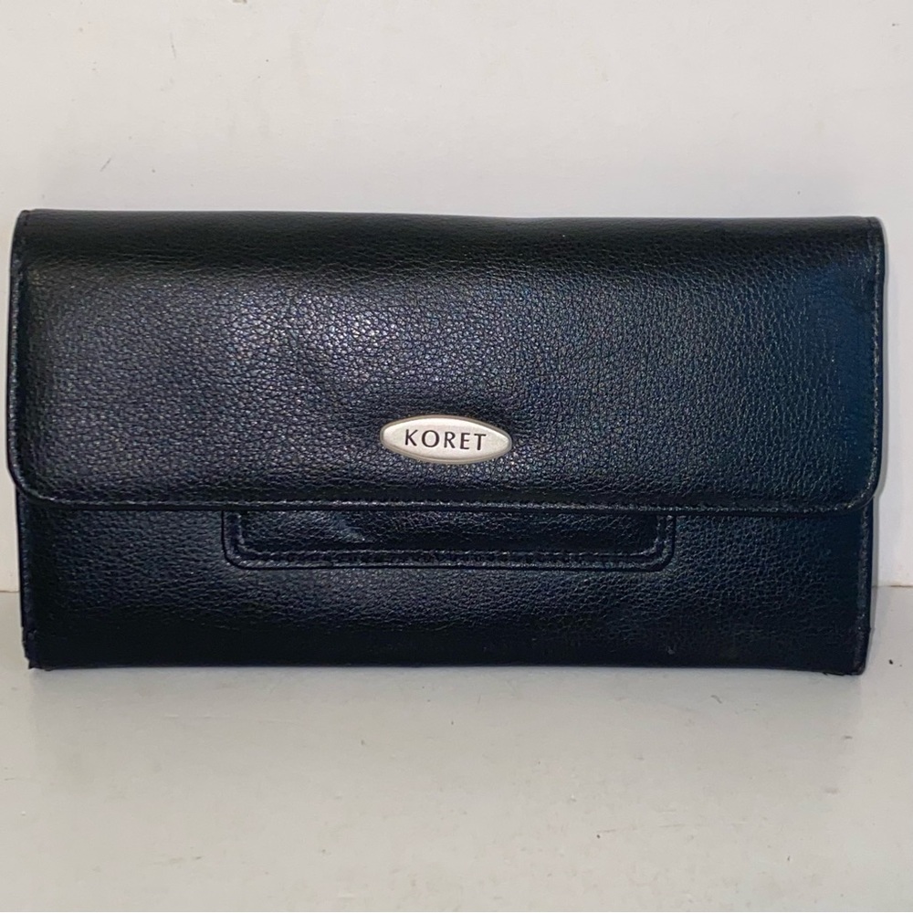 Vintage Koret Black Leather Trifold Wallet Card & ID Slots Checkbook Holder